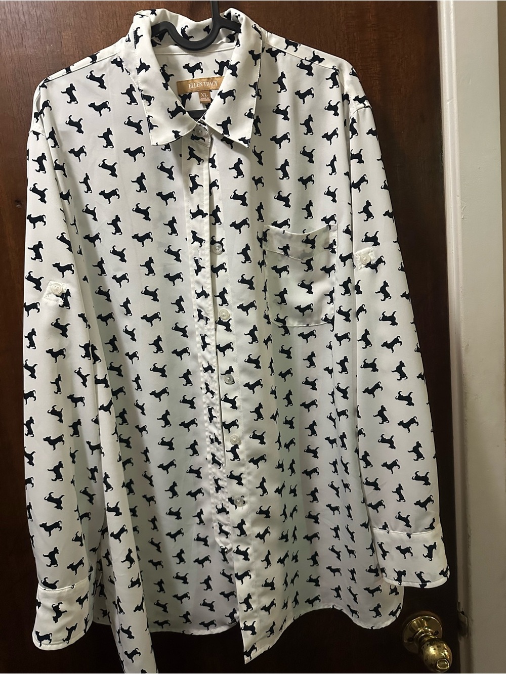 Ellen Tracy White Button-Down Shirt with Navy Dog Print